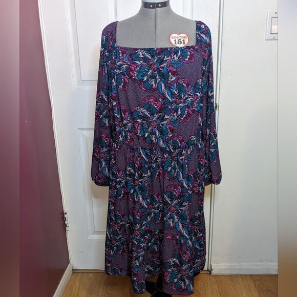 Lane Bryant Fantasy Floral 3/4 Sleeve Square Neck Tiered Fit & Flare Dress 26/28 - Picture 6 of 16